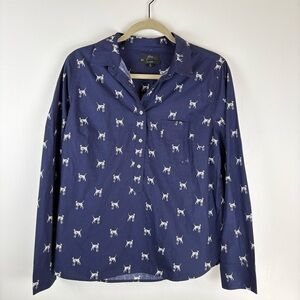 J.Crew Womens 12 Classic Dalmatian Dog Print Cotton 1/2 Button Down Shirt Blue